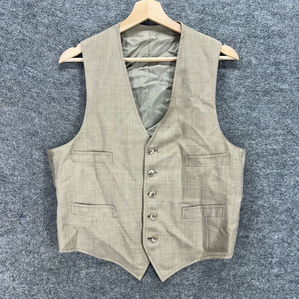 Unbranded Suit Vest Men 40 Beige V-Neck Button Up Sleeveless Pockets Regular